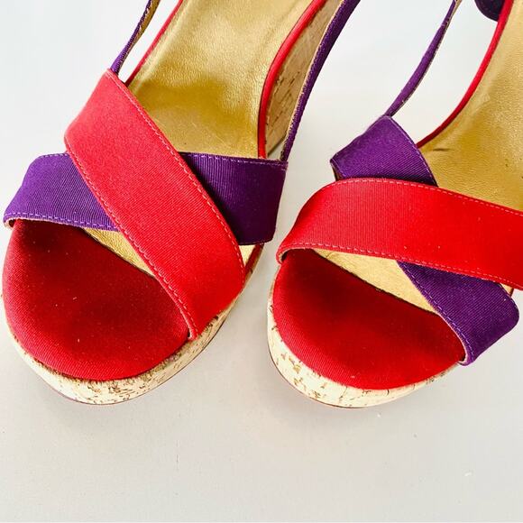 KATE SPADE Purple Red Colorblock Penny Cork Wedges Heeled Sandals Slingback 9.5 - Picture 6 of 12
